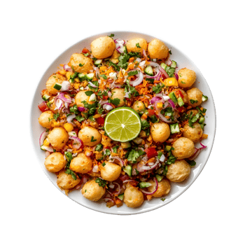 Indian Bhel Puri or Pani Puri with Bright Vegetables and Lime on Transparent Background Perfect for Food Promotions, Snack Banners, and Cover Designs png