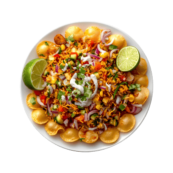 Colorful Plate of Indian Bhel Puri or Pani Puri with Lime and Fresh Vegetables Perfect for Snack Banners, Food Promotions, and Product Covers png