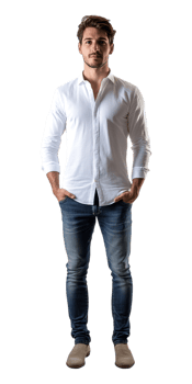 A man in jeans and a white shirt standing png