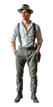 A man in a hat and suspenders standing png