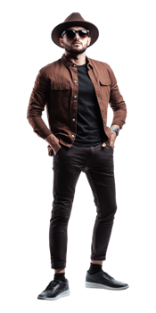 A man in a hat and brown shirt png