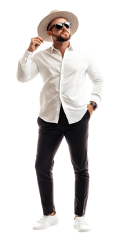Man in white shirt and hat posing for the camera png