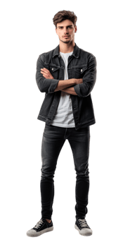 A man in a denim jacket standing with his arms crossed png