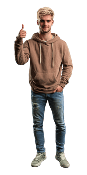 A man in a hoodie and jeans is giving the thumbs up png
