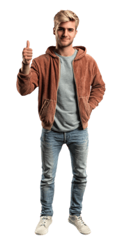 A man in a jacket and jeans is giving a thumbs up png