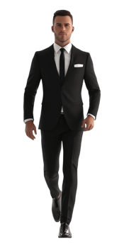 A man in a black suit and tie walking png