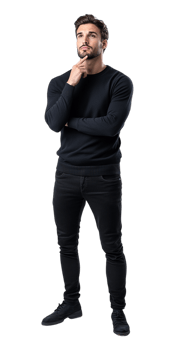 A man in black clothes standing with his hand on his chin png