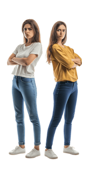 Two women standing in jeans and white shirts png
