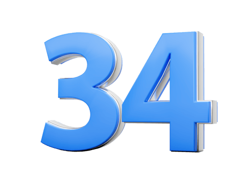3D Number 34 Thirty Four Made Of Blue Body With Silver Outline 3D Illustration png