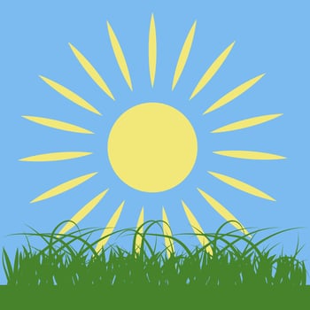 Sun icon. A simple drawing of grass in the sun. Flat yellow cartoon sun with grass. vector