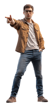 man in glasses pointing at something png