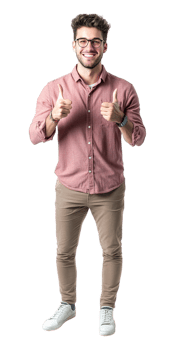 a man in a pink shirt and brown pants giving the thumbs up png
