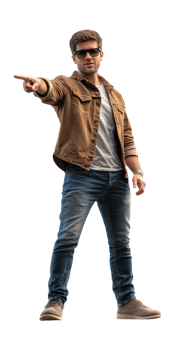 a man in jeans and jacket pointing at something png