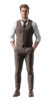 a man in a brown vest and tie standing png