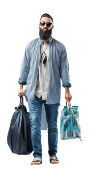 a man with a beard and sunglasses carrying a bag and a bag png