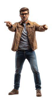 a man in jeans and a jacket pointing at something png