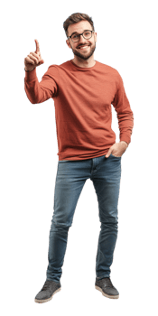 a man in glasses and a red sweater is pointing at something png
