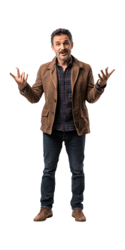 a man in a brown jacket and jeans is standing with his hands out png