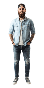 a bearded man in jeans and a denim jacket png
