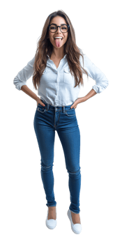 a woman in jeans and a shirt making a funny face png