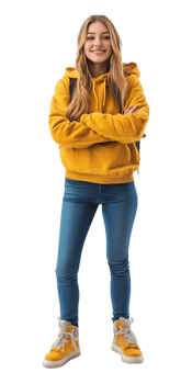 a girl in yellow hoodie and jeans standing with her arms crossed png