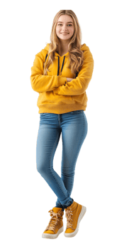 a girl in yellow sweatshirt and jeans standing with her arms crossed png