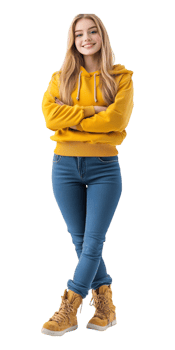 a girl in jeans and a yellow hoodie standing with her arms crossed png
