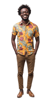 a young man in a colorful shirt and pants png