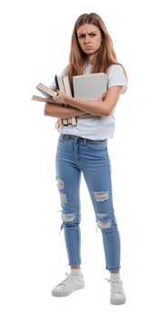 a girl with books standing with her arms crossed png