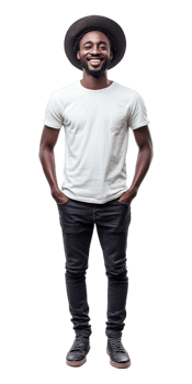 A man in a hat and white t - shirt png