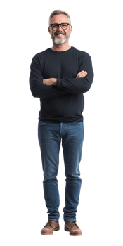 A man with glasses and a beard standing with his arms crossed png