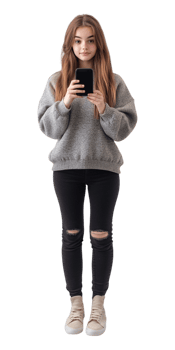 A girl in a grey sweater and black jeans taking a selfie png