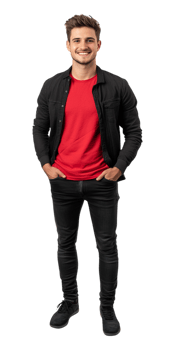 A man in a red shirt and black jeans png