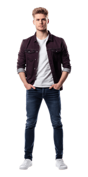 A man in jeans and a maroon jacket png