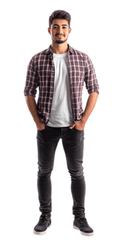 A man in a plaid shirt and jeans standing png