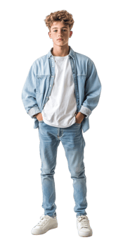 a young man in jeans and a white shirt png