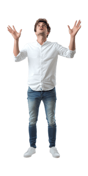 a man standing with his hands up on a transparent background png