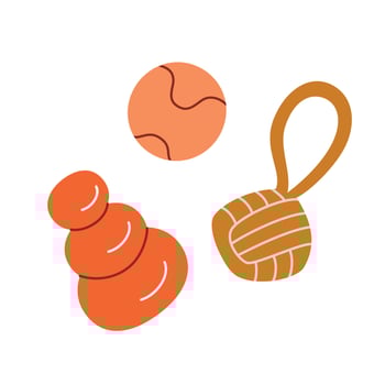 illustration of colorful pet toys, ball, chew toy, and rope. Flat cartoon style, perfect for dog training, play, and enrichment activities. Fun and durable design for pets vector