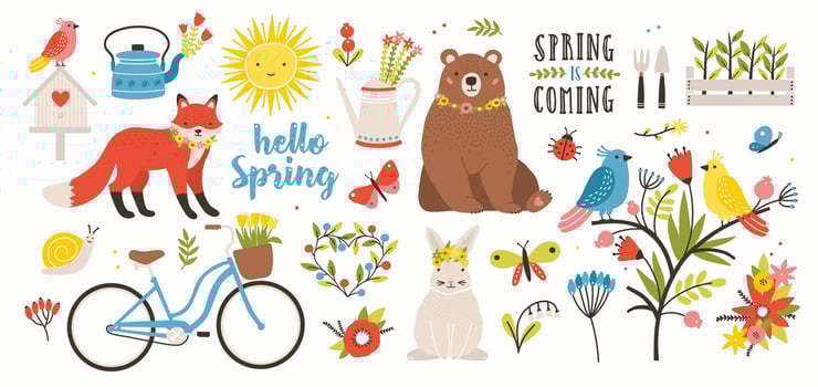 Spring set. Collection of cute animals, birds and insects, blooming flowers and floral decorations, bicycle isolated on white background. Bright colored illustration in flat cartoon style. vector