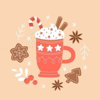 Cafe Christmas Mug with Hot Beverage and Cream, Latte, Coffee, Hot Chocolate, Cocoa, Anise, and Gingerbread vector