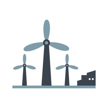 Three wind turbines of varying heights with a building in the background, symbolizing renewable energy and sustainability. Ideal for green energy, environmental, and industrial themes. vector