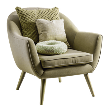 Olive chair with round pillow and blanket isolated on transparent background png