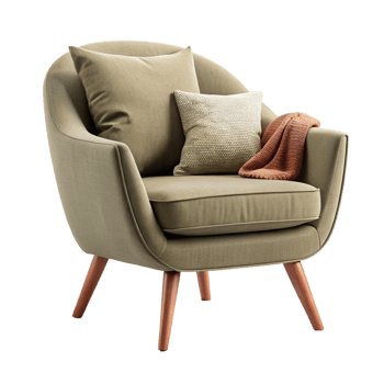 Luxury olive chair with round pillow and blanket isolated on transparent background png