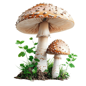 Two distinctive mushrooms with a lush background of green plants. png