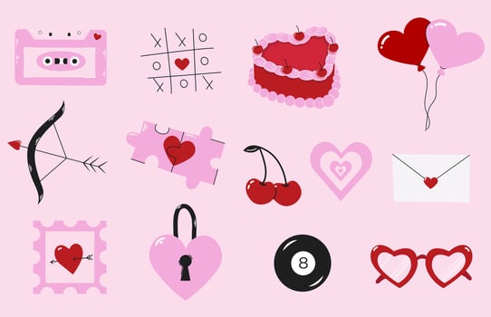 Set of romantic elements for Valentine's Day. Love vintage objects. Illustration in trendy retro style. vector