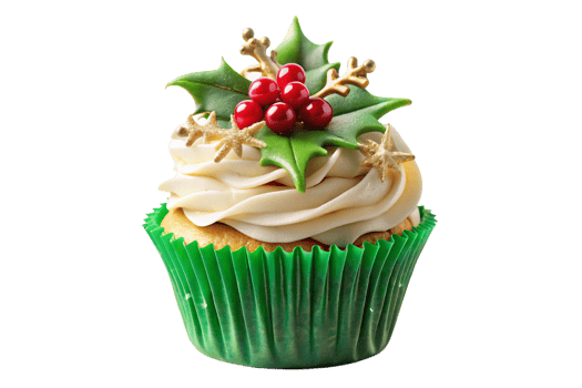 Festive Christmas cupcake with swirled frosting and holiday decorations png