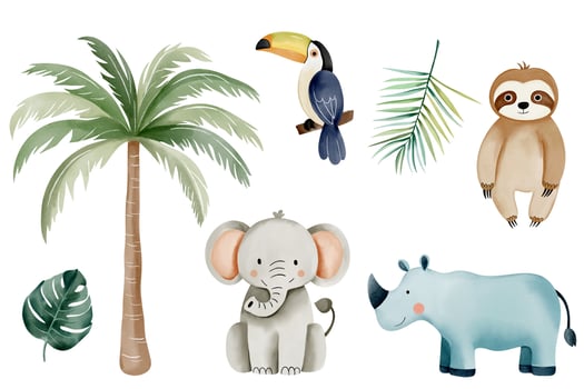 Watercolor jungle animals and palm tree. Wild african elephant, rhinoceros, sloth, toucan. Hand drawn safari set. vector