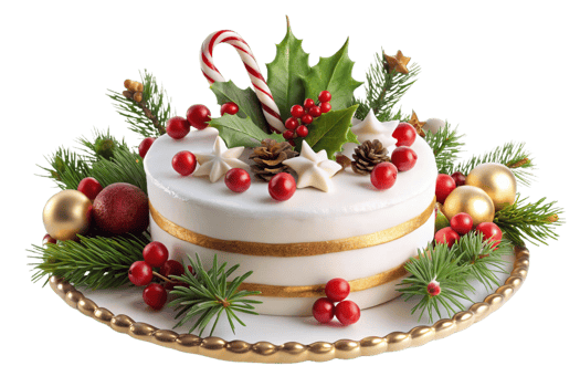 Festive Christmas themed layered cake with decorations and greenery png