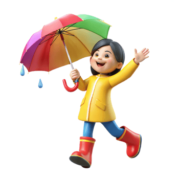 A Joyful Girl in Yellow Raincoat Walks With Colorful Umbrella png