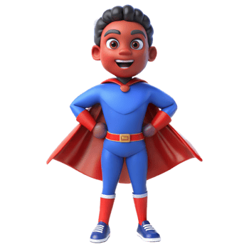 A Confident Black Superhero Boy in a Blue and Red Suit With a Cape png